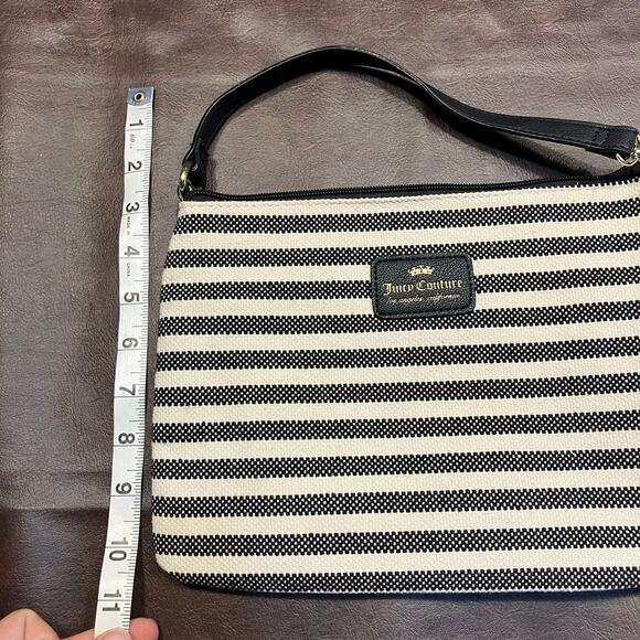 Juicy Couture Striped Canvas Clutch Shoulder Bag Black White Gold Zip 10x7” Logo - Picture 9 of 11